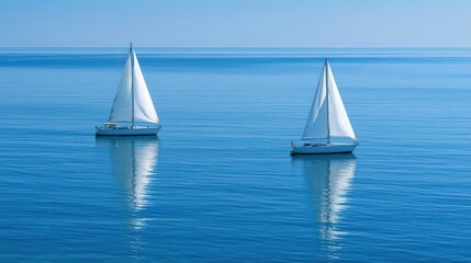 Fototapeta premium Two white sailboats sailing on calm blue ocean waters under clear sky on peaceful summer day