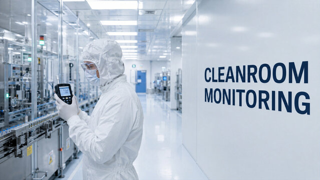 A worker in protective gear uses a handheld device to monitor equipment in a cleanroom. The cleanroom is part of a high-tech facility designed for precise tasks