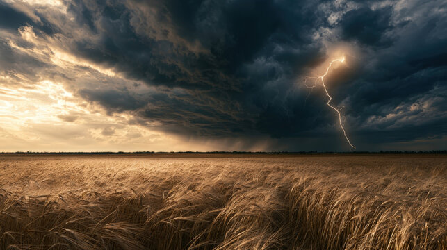 Dramatic thunderstorm with lightning bolt striking over golden wheat field under dark stormy sky