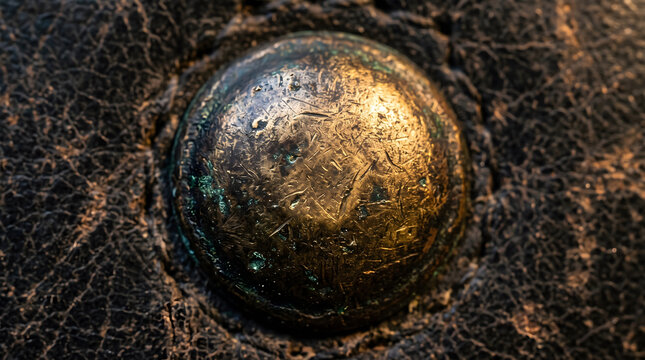 Macro shot of an aged, textured brass rivet featuring dark golden hues, verdigris patina, and scratches. Embedded in distressed black leather, warm light illuminates its rugged antique industrial