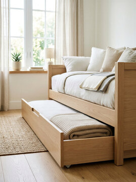 Cozy wooden daybed with storage in a bright living room  