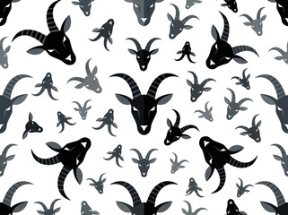 Fototapeta premium Minimalist seamless pattern of goat and ibex heads with horns. Black and gray flat vector illustration on white background.