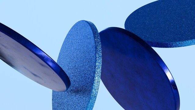 Abstract 3D floating metallic blue textured circular discs. Ideal background for luxury brand displays, tech websites, financial presentations, digital banners, and posters