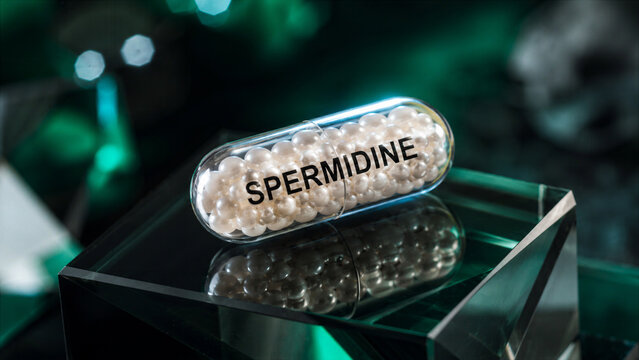 A capsule filled with small beads labeled spermidine is placed on a clear block. The background is green with reflections that give a modern look