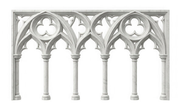 Gothic architectural stone balustrade with pointed arches and trefoil tracery isolated on transparent background