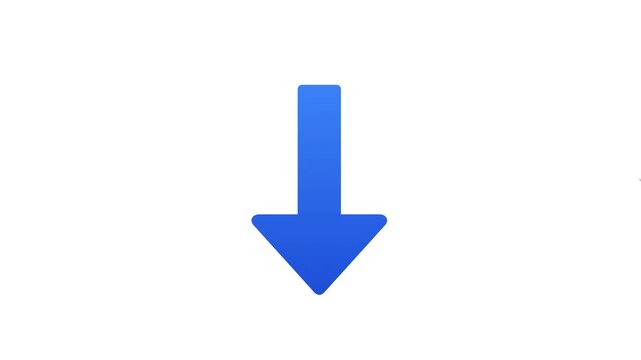 Minimalist blue arrow pointing down isolated on white background