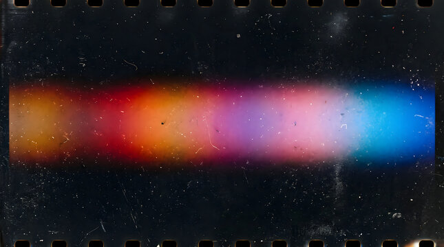 Beautiful aged film strip with a captivating horizontal color gradient light leak effect from warm reds to cool blues creating an artistic abstract background with authentic dust and scratches