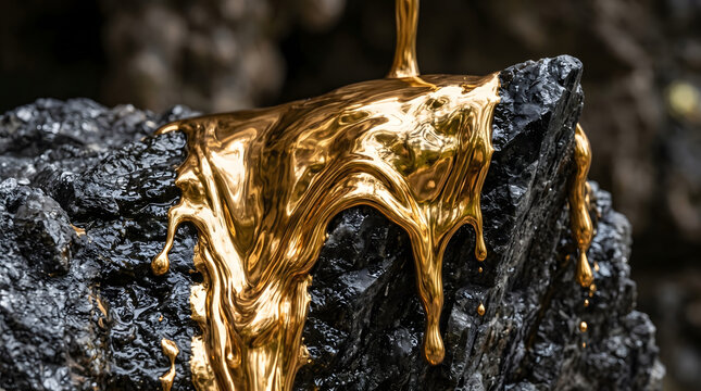 Molten gold liquid artfully cascades and drips over a rugged dark mineral rock surface symbolizing immense wealth luxury precious resources mining industry value and financial prosperity