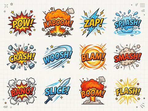 Collection of comic book sound effects with stylized hand-drawn onomatopoeia like POW, KABOOM, ZAP, SPLASH, CRASH, WOOSH, BLAM, SMASH, BANG, SLICE, BOOM, and FLASH.