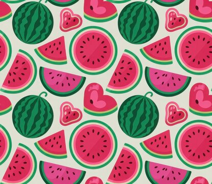 Seamless pattern of various watermelon slices and whole fruits