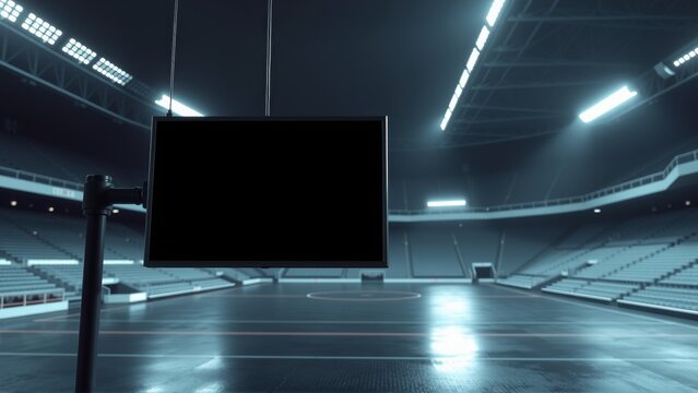 Empty stadium interior. Dark blue tones dominate. Large blank screen hangs above court. Minimal lighting creates dramatic effect.