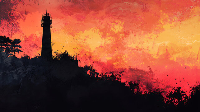 Digital painting of a lighthouse silhouette standing tall against a vibrant, fiery sunset sky
