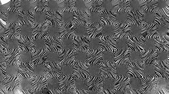 Abstract black and white geometric pattern with distorted wavy lines and optical illusion checkerboard grid texture suitable for modern digital art backgrounds and creative graphic design