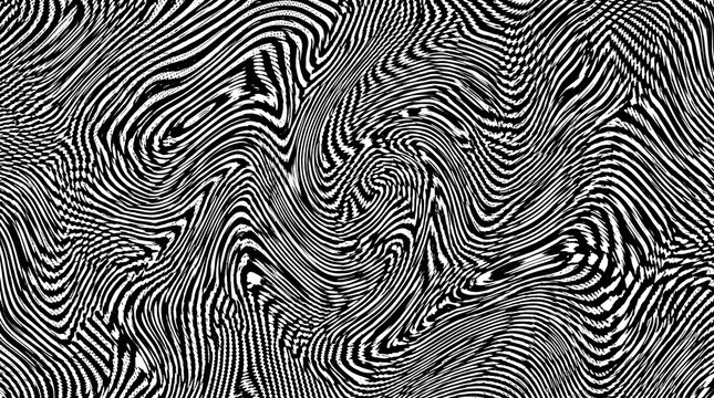 Abstract black and white optical illusion background featuring distorted wavy lines and a trippy liquid marble swirl pattern that creates a dynamic and hypnotic monochrome digital texture.