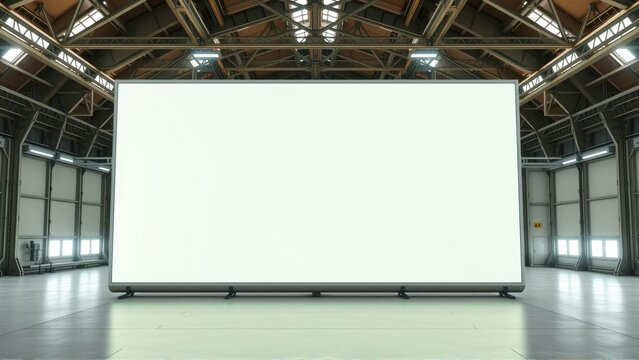 Vast hangar space features large blank screen. Minimalist interior, industrial architecture, dramatic lighting creates stark contrast.