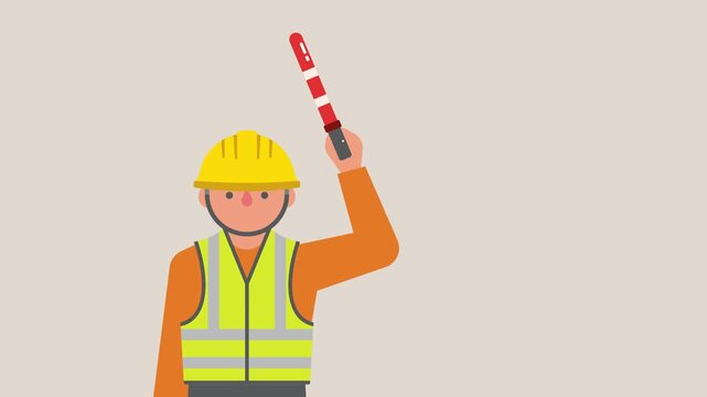 Animated cartoon traffic controller construction worker waving red signal light baton. Safety concept vector motion graphic video clip for roadwork and direction