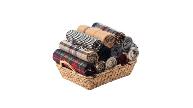 Cozy rolled wool blankets in wicker basket, plaid tartan throws for home decor, warm winter textile collection on white background