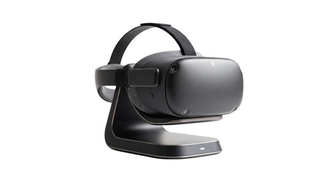 Modern VR headset on charging dock, virtual reality goggles with head strap, sleek black gaming hardware on white background