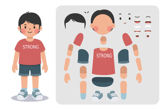 Cute little boy character creation kit with various facial expressions and body parts for animation and design