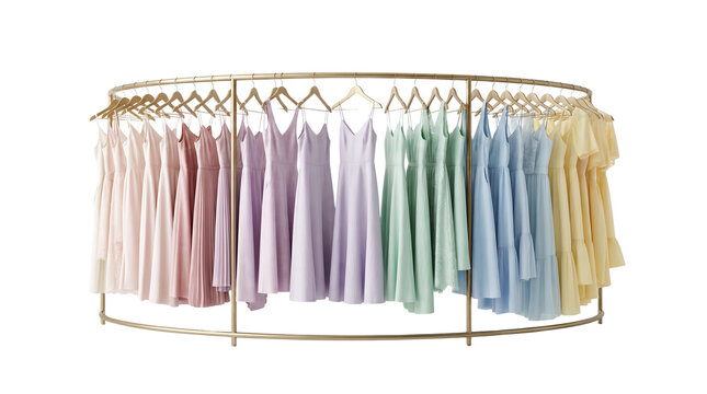 Pastel summer dresses on circular gold clothing rack, elegant boutique apparel display, colorful feminine fashion collection on white background