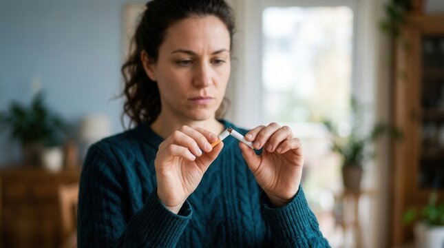 Woman Breaks Cigarette Symbolizing Quitting Smoking And Healthier Choices
