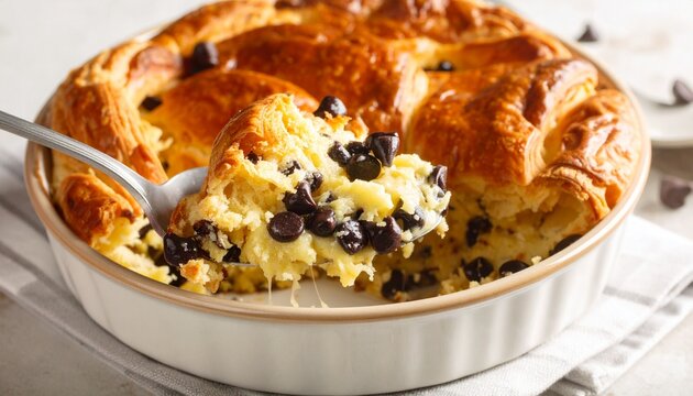 Chocolate Chip Croissant Casserole Baked Dessert in a Round Ceramic Dish with Spoon