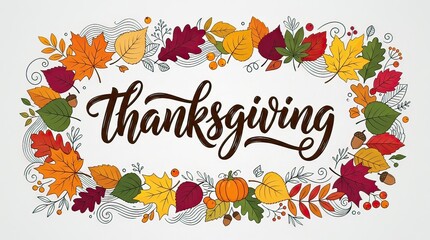 Naklejka premium Festive thanksgiving day greeting with colorful autumn leaves arranged around elegant handwritten typography on a white background
