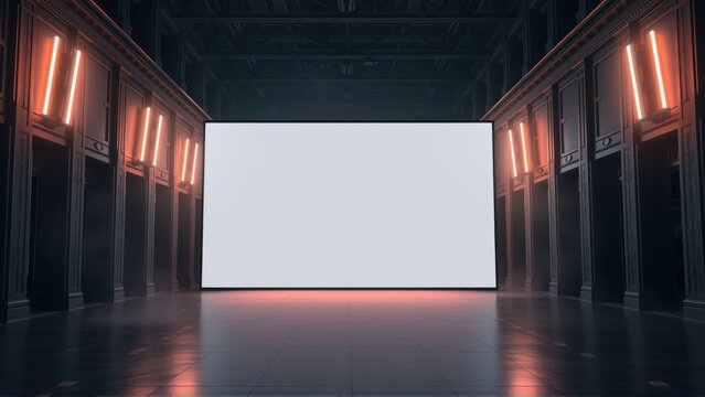 Dark interior features large blank screen. Red lights illuminate symmetrical columns. Minimalist design creates dramatic atmosphere. Spacious hall.
