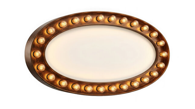 Vintage oval marquee sign with glowing warm light bulbs isolated on transparent background