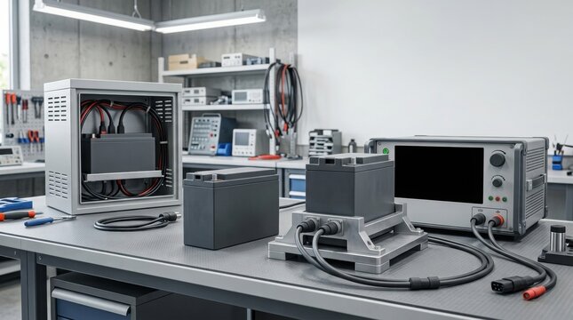 Industrial battery testing equipment in laboratory, professional electronic diagnostic tools on workbench, modern engineering research facility