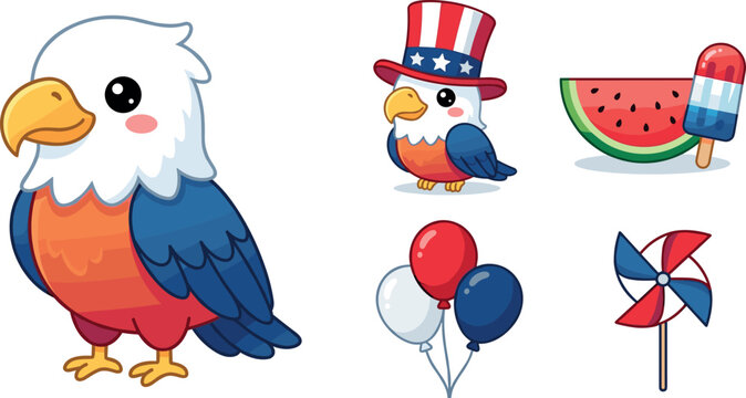 Cute cartoon patriotic eagle vector collection with uncle sam hat watermelon popsicle balloons and pinwheel icons for independence day illustration set
