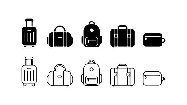 Travel Bag Icon Set in Solid Silhouette and Linear Outline Style