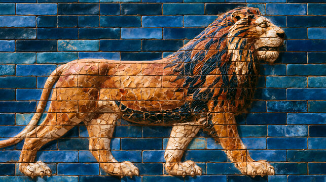 Yellow lion figure depicted in relief on a blue brick wall of the historic Ishtar Gate in Babylon dating back to the sixth century before Christ