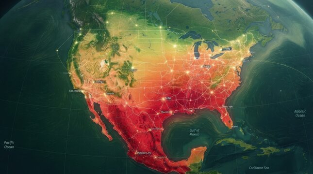 A stylized digital map of North America showing a gradient of heat intensity across the United States with glowing network nodes and interconnected lines representing infrastructure and data connect