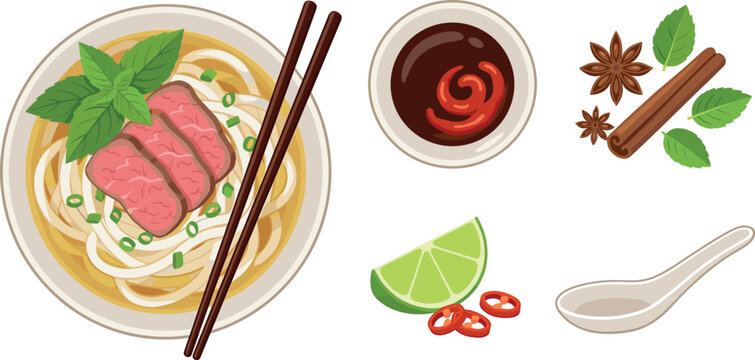 Traditional Vietnamese pho beef noodle soup vector set with bowl chopsticks dipping sauce lime chili slices spoon star anise cinnamon and mint leaves