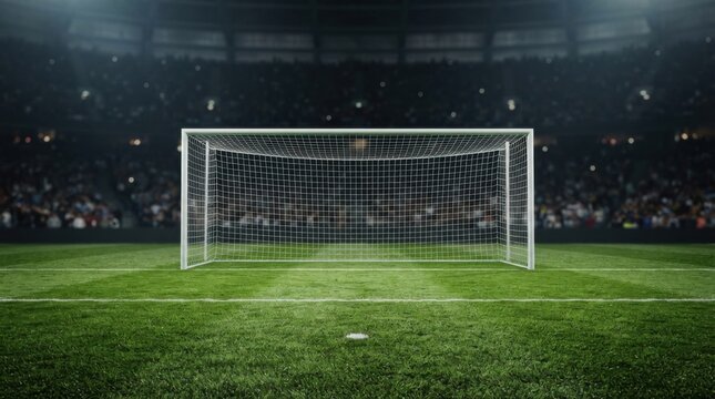 Professional soccer stadium goal post on a lush green grass field with a blurred crowd in the background during a night match under bright stadium lights for a competitive football championship game
