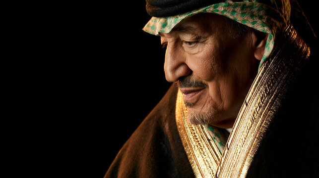 Saudi Arabian leader wearing traditional headgear and robes in a dark setting reflecting with a somber and wise expression during a formal event in Riyadh