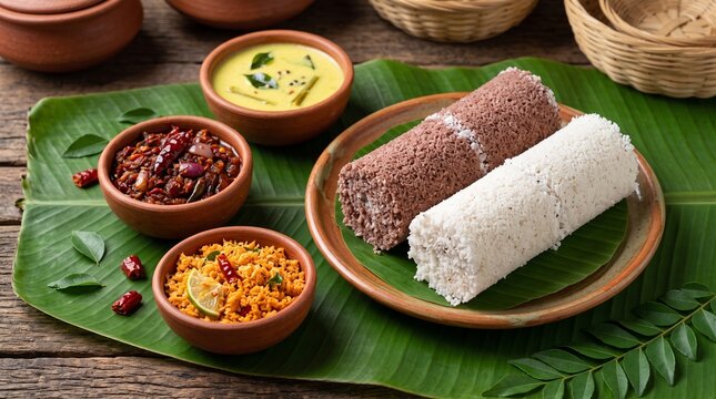 Steamed Coconut Pittu Cylinders Sri Lankan Breakfast with Fresh Grated Coconut