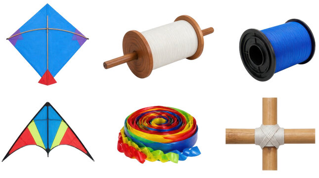 Collection of colorful kites and string spools, kite fighting supplies with kite frame, kite string, and wound thread on spool, cutout elements