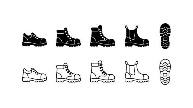 Work Boots and Footwear Icon Set in Silhouette and Outline Styles