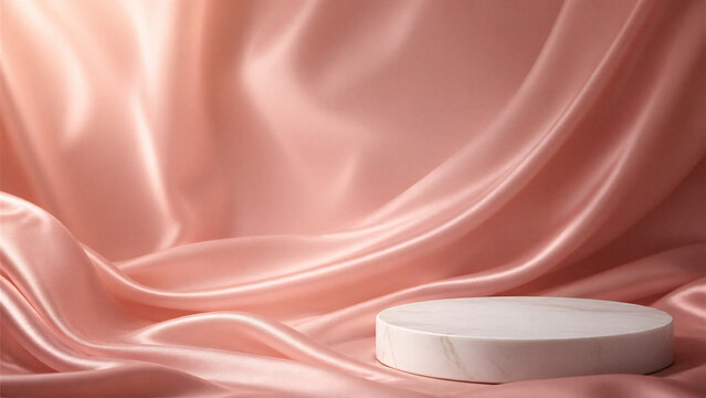 White marble podium on draped pink satin fabric for product display