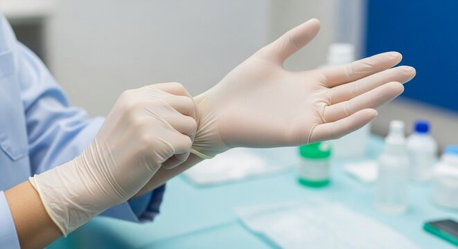 Healthcare professional carefully putting on sterile medical glove for patient care and safety