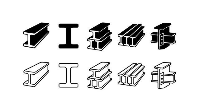 Steel I-Beam Construction Icons Set in Silhouette and Outline Style