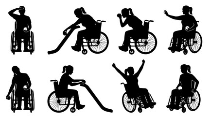 Fototapeta premium Set of black silhouettes of people playing boccia sport in wheelchairs, inclusive physical activity, paralympic athletes, diverse sports movements