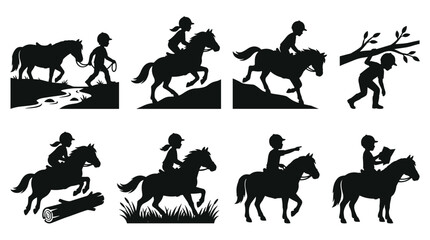 Fototapeta premium Set of silhouettes featuring children riding and leading ponies, equestrian activities, outdoor adventures, lifestyle illustration, sporting