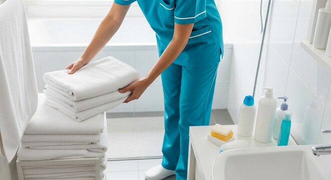 Home health aide in blue scrubs carefully folding clean white towels in a bathroom setting, showcasing meticulous care and domestic support.