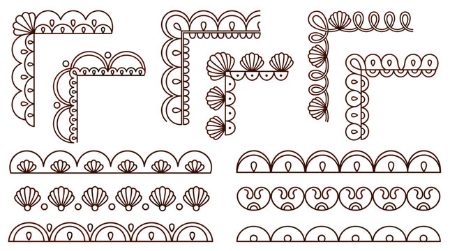 Set of decorative lace borders and corners, elegant scalloped trim patterns for vintage invitation cards, scrapbook pages, romantic stationary design