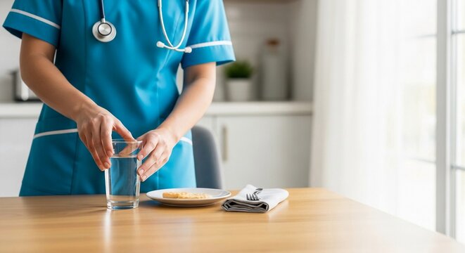 Home health aide in blue scrubs prepares a glass of water and a meal for a patient at a table