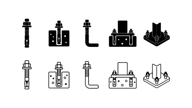 Construction Anchor Bolt and Fastener Icon Set in Silhouette and Outline Style