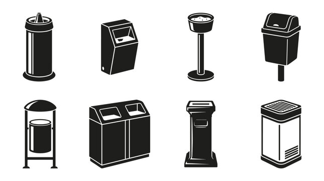 Set of public waste bin icons, vector trash receptacles for urban cleanliness, recycling management, sanitation maintenance, facility sign system